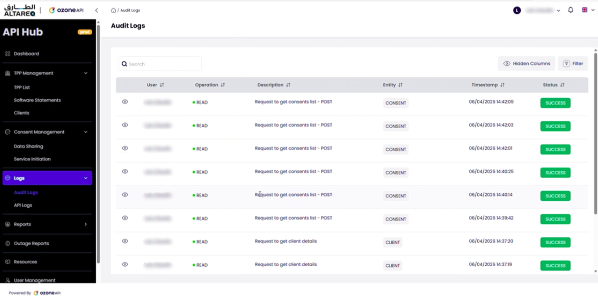 Audit Log showing a list of portal actions with user, action type, target, and timestamp