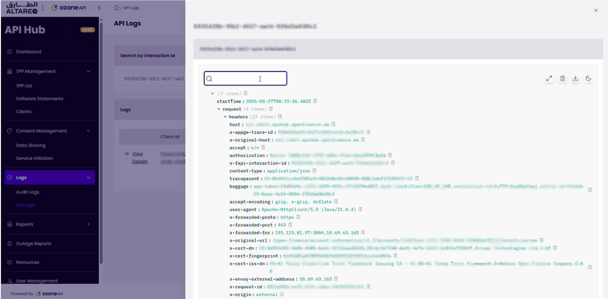 Expanded log entry showing request headers with host, X-Original-URL, and X-Cert-DN fields