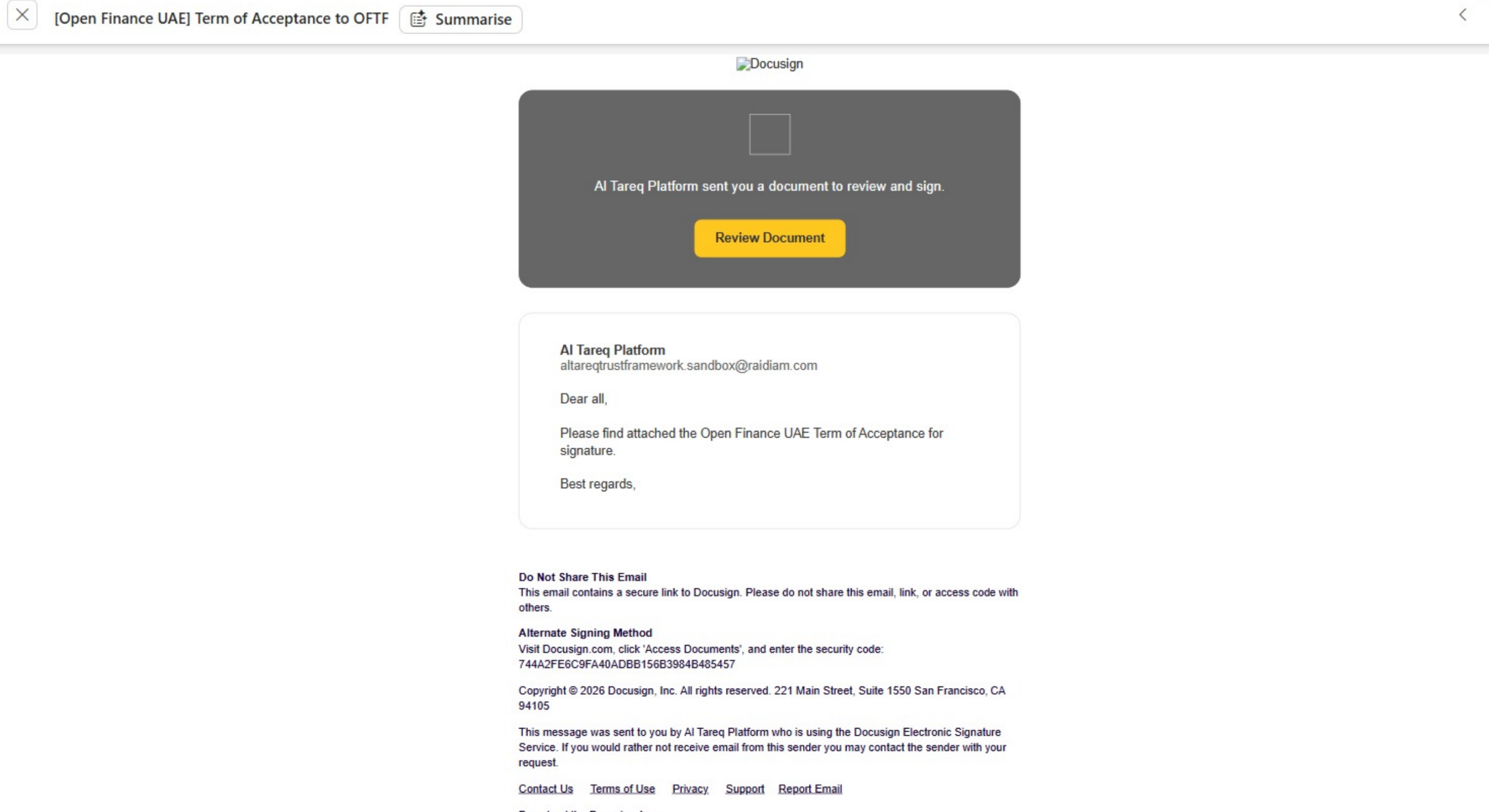 Terms of Acceptance email